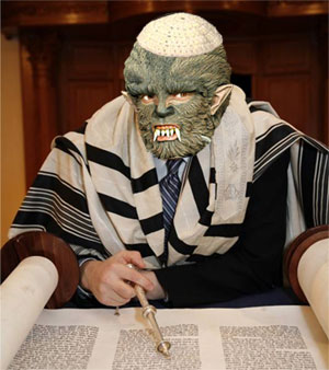 Jewish werewolf with yarmulke reading the Torah